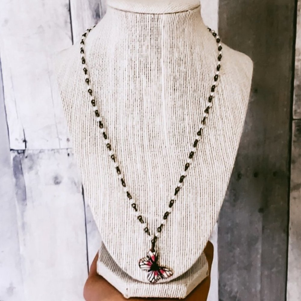 pearl & brass chain necklace with pink and white butterfly charm - Picture 8 of 14